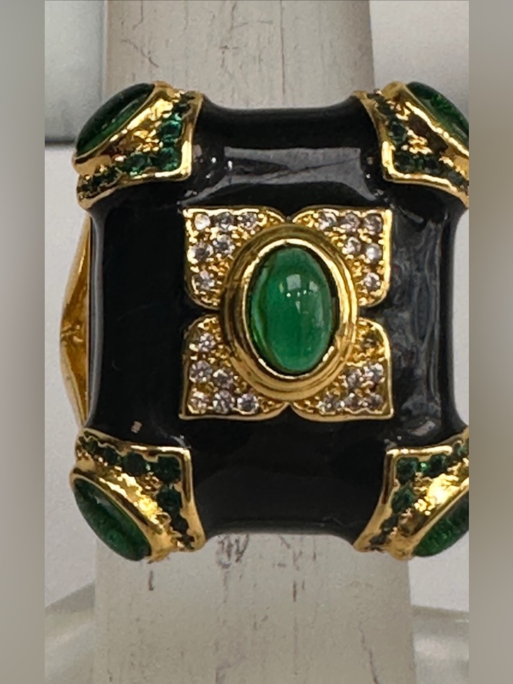 Gold-Tone Black Enamel Ring with Green Cabochon Accents new adjustable size